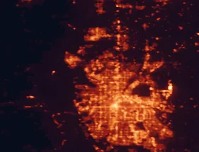 Satellite night-light map of the 50 km around Broomfield, with Denver, Aurora and Thornton marked