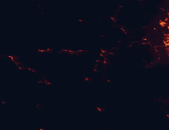 Satellite night-light map of the 100 km around Camp Hale-Continental Divide National Monument, with Boulder, Edwards and Golden marked