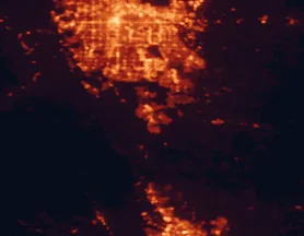 Satellite night-light map of the 50 km around Castle Rock, with Denver, Aurora and Centennial marked