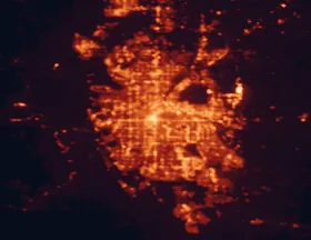 Satellite night-light map of the 50 km around Denver, with Aurora, Lakewood and Thornton marked