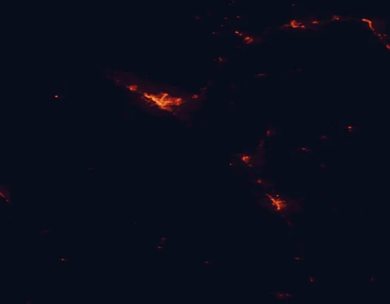 Satellite night-light map of the 100 km around Dominguez-Escalante National Conservation Area, with Grand Junction, Clifton and Montrose marked