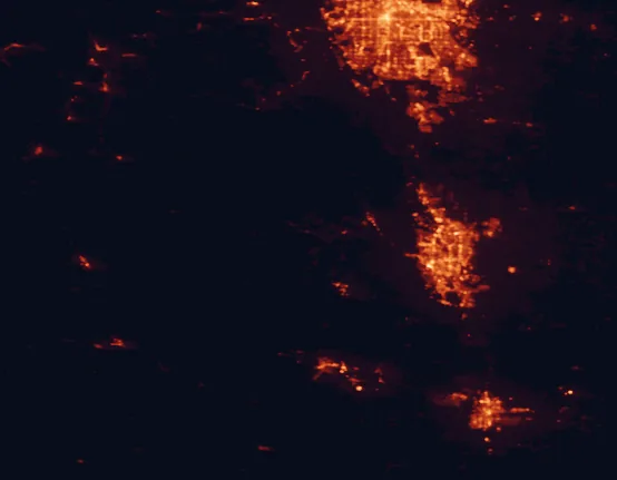 Satellite night-light map of the 100 km around Florissant Fossil Beds National Monument, with Colorado Springs, Denver and Aurora marked