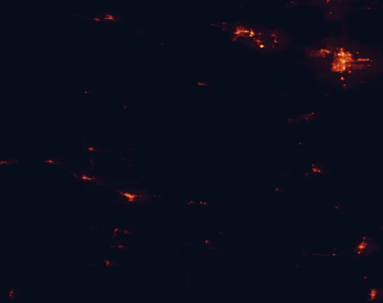 Satellite night-light map of the 100 km around Great Sand Dunes National Park and Preserve, with Pueblo, Pueblo West and Cañon City marked