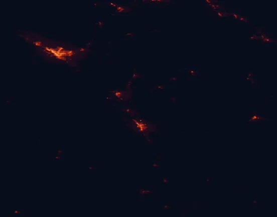 Satellite night-light map of the 100 km around Gunnison Gorge National Conservation Area, with Grand Junction, Montrose and Clifton marked
