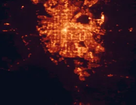 Satellite night-light map of the 50 km around Highlands Ranch, with Denver, Aurora and Centennial marked