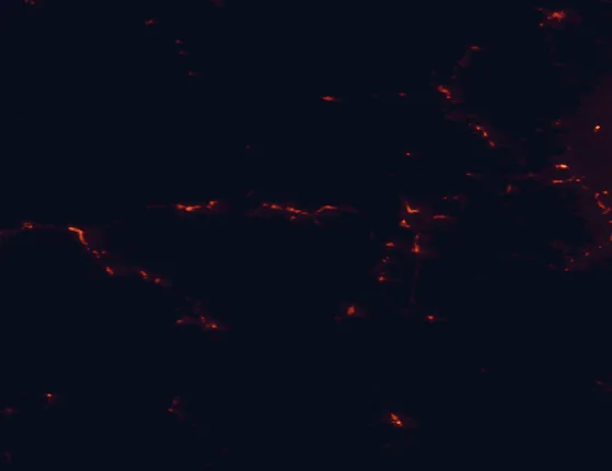 Satellite night-light map of the 100 km around Holy Cross National Forest, with Edwards, Glenwood Springs and Bailey marked