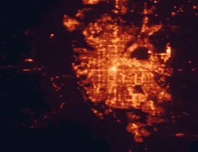 Satellite night-light map of the 50 km around Lakewood, with Denver, Aurora and Arvada marked