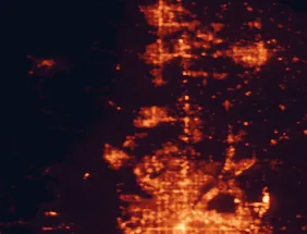 Satellite night-light map of the 50 km around Longmont, with Boulder, Fort Collins and Thornton marked