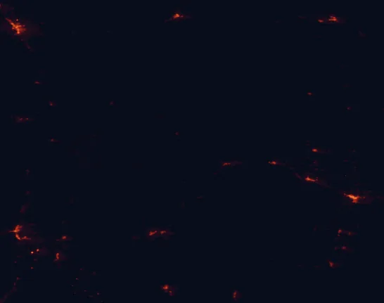 Satellite night-light map of the 100 km around Rio Grande National Forest, with Durango, Montrose and Alamosa marked