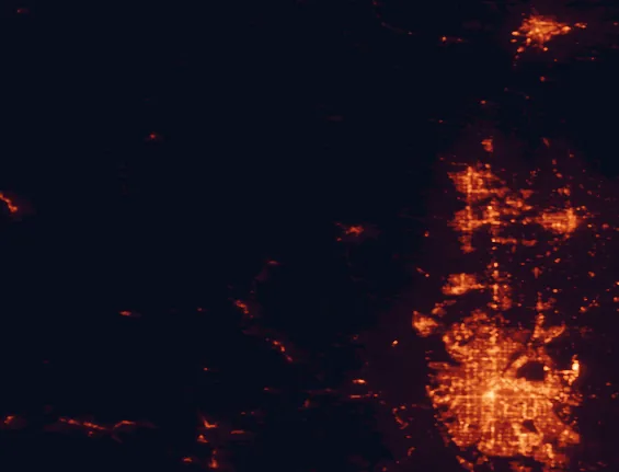 Satellite night-light map of the 100 km around Rocky Mountain National Park, with Denver, Aurora and Fort Collins marked