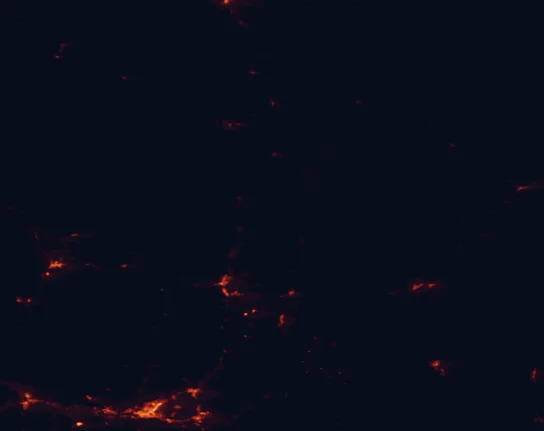 Satellite night-light map of the 100 km around San Juan National Forest, with Farmington, Durango and Cortez marked
