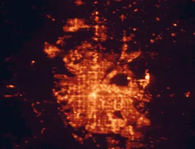 Satellite night-light map of the 50 km around Thornton, with Denver, Aurora and Westminster marked