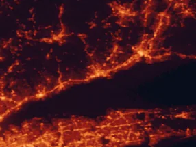 Satellite night-light map of the 50 km around Bridgeport, with New Haven, Stratford and Fairfield marked
