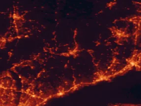 Satellite night-light map of the 50 km around Danbury, with Bridgeport, North Stamford and Stamford marked