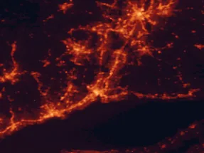 Satellite night-light map of the 50 km around Hamden, with New Haven, Waterbury and Bridgeport marked