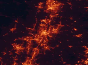 Satellite night-light map of the 50 km around Hartford, with West Hartford, Springfield and East Hartford marked