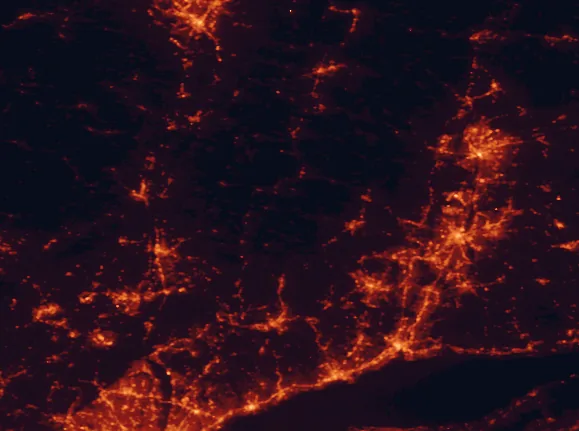 Satellite night-light map of the 100 km around Housatonic Meadows State Park, with Waterbury, Springfield and Hartford marked