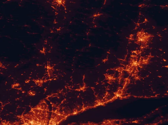 Satellite night-light map of the 100 km around Kent Falls State Park, with Waterbury, Bridgeport and Yonkers marked