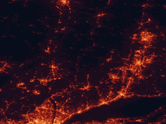 Satellite night-light map of the 100 km around Macedonia Brook State Park, with Waterbury, Yonkers and Bridgeport marked