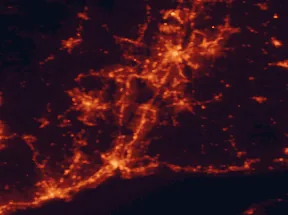 Satellite night-light map of the 50 km around Meriden, with Waterbury, New Haven and Hartford marked