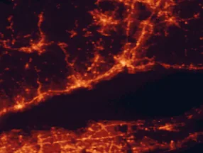 Satellite night-light map of the 50 km around Milford, with Bridgeport, New Haven and Stratford marked
