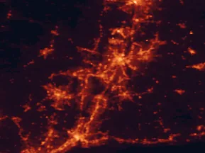 Satellite night-light map of the 50 km around New Britain, with Hartford, Waterbury and West Hartford marked