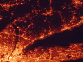 Satellite night-light map of the 50 km around North Stamford, with New York City, The Bronx and Manhattan marked