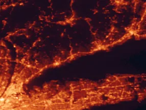 Satellite night-light map of the 50 km around Norwalk, with The Bronx, Manhattan and North Stamford marked