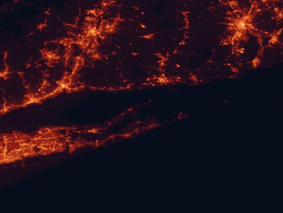Satellite night-light map of the 100 km around Orient Beach State Park, with New Haven, Providence and Bridgeport marked