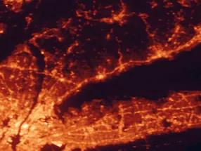 Satellite night-light map of the 50 km around Stamford, with New York City, Brooklyn and Queens marked