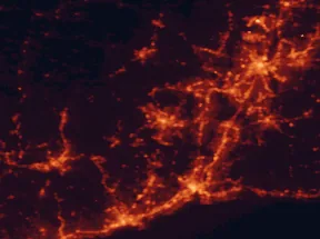 Satellite night-light map of the 50 km around Waterbury, with New Haven, Bridgeport and Hartford marked