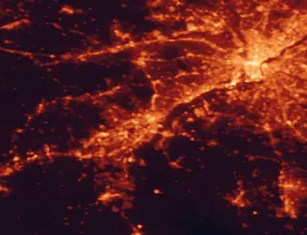 Satellite night-light map of the 50 km around Wilmington, with Philadelphia, Camden and Cherry Hill marked