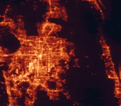 Satellite night-light map of the 50 km around Alafaya, with Orlando, Deltona and Pine Hills marked