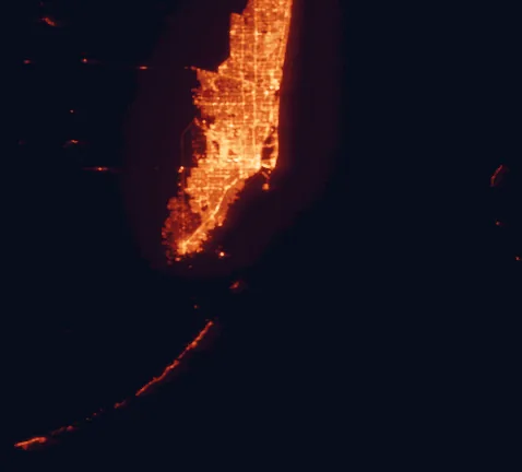 Satellite night-light map of the 100 km around Biscayne National Park, with Miami, Hialeah and Pembroke Pines marked