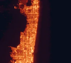 Satellite night-light map of the 50 km around Boca Raton, with Deerfield Beach, Fort Lauderdale and Pompano Beach marked