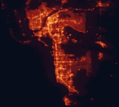 Satellite night-light map of the 50 km around Bonita Springs, with Cape Coral, Lehigh Acres and Fort Myers marked