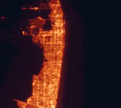Satellite night-light map of the 50 km around Boynton Beach, with West Palm Beach, Delray Beach and Fort Lauderdale marked