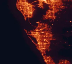 Satellite night-light map of the 50 km around Bradenton, with St. Petersburg, Sarasota and Largo marked