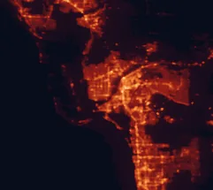 Satellite night-light map of the 50 km around Cape Coral, with Fort Myers, Lehigh Acres and North Fort Myers marked