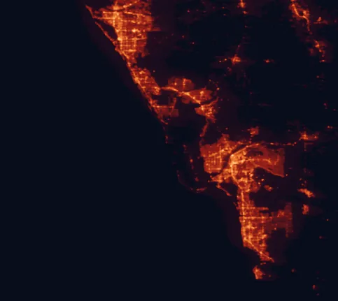 Satellite night-light map of the 100 km around Cayo Costa State Park, with Cape Coral, Fort Myers and Lehigh Acres marked
