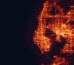 Satellite night-light map of the 50 km around Clearwater, with Tampa, St. Petersburg and Largo marked