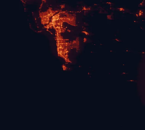 Satellite night-light map of the 100 km around Collier-Seminole State Park, with Cape Coral, Lehigh Acres and Bonita Springs marked