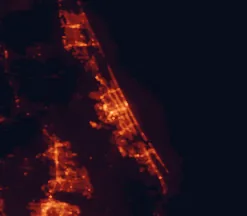 Satellite night-light map of the 50 km around Daytona Beach, with Port Orange, Ormond Beach and Deltona marked