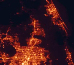 Satellite night-light map of the 50 km around Deltona, with Orlando, Sanford and Alafaya marked