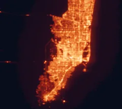 Satellite night-light map of the 50 km around Doral, with Miami, Hialeah and Pembroke Pines marked