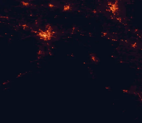Satellite night-light map of the 100 km around Econfina River State Park, with Tallahassee, Valdosta and Thomasville marked