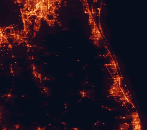 Satellite night-light map of the 100 km around Everglades Headwaters National Wildlife Refuge and Conservation Area, with Port Saint Lucie, Palm Bay and Melbourne marked
