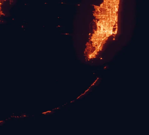Satellite night-light map of the 100 km around Everglades National Park, with Miami, Hialeah and Homestead marked