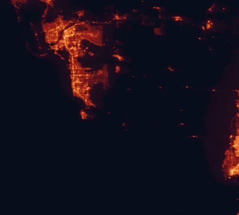 Satellite night-light map of the 100 km around Fakahatchee Strand Preserve State Park, with Cape Coral, Lehigh Acres and Fort Myers marked