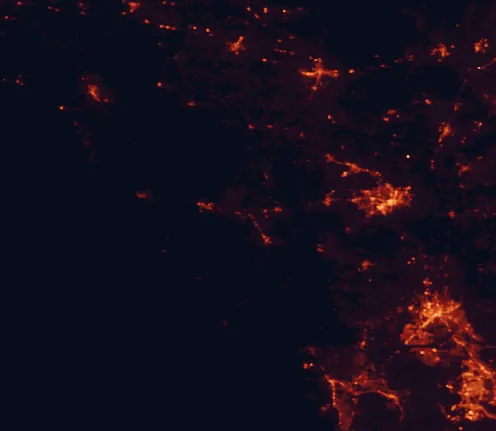 Satellite night-light map of the 100 km around Fanning Springs State Park, with Gainesville, Ocala and The Villages marked